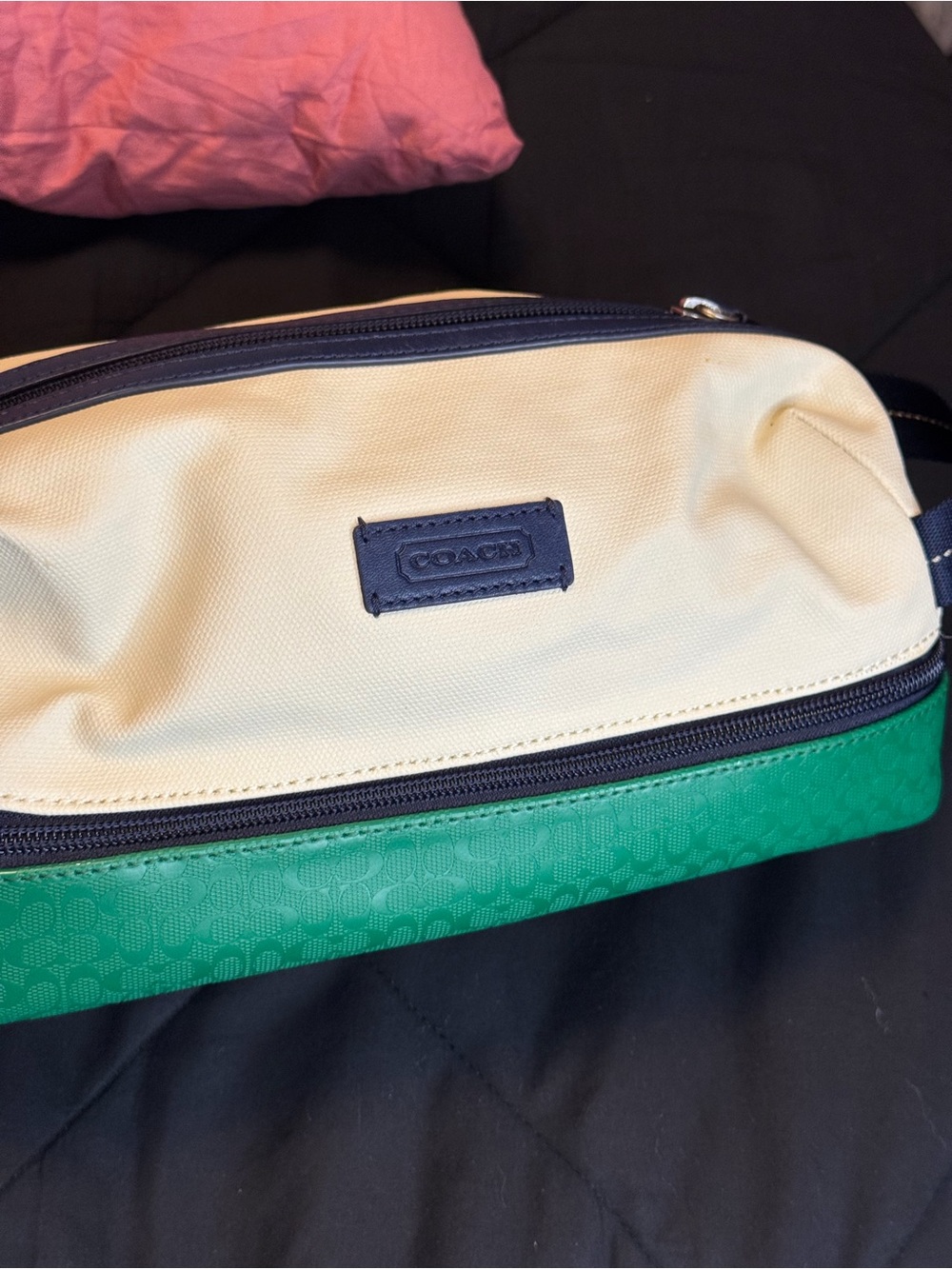 Coach Two-Tone Cream and Green Men's Toiletry Pouch with Navy Accents